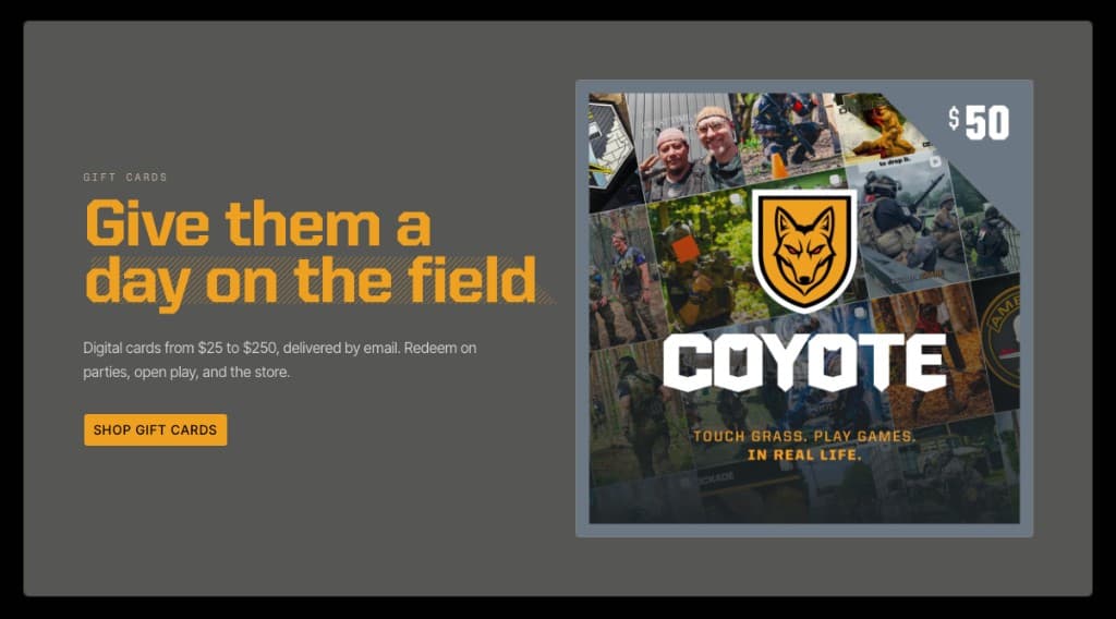 Gift card callout on the Coyote Force homepage
