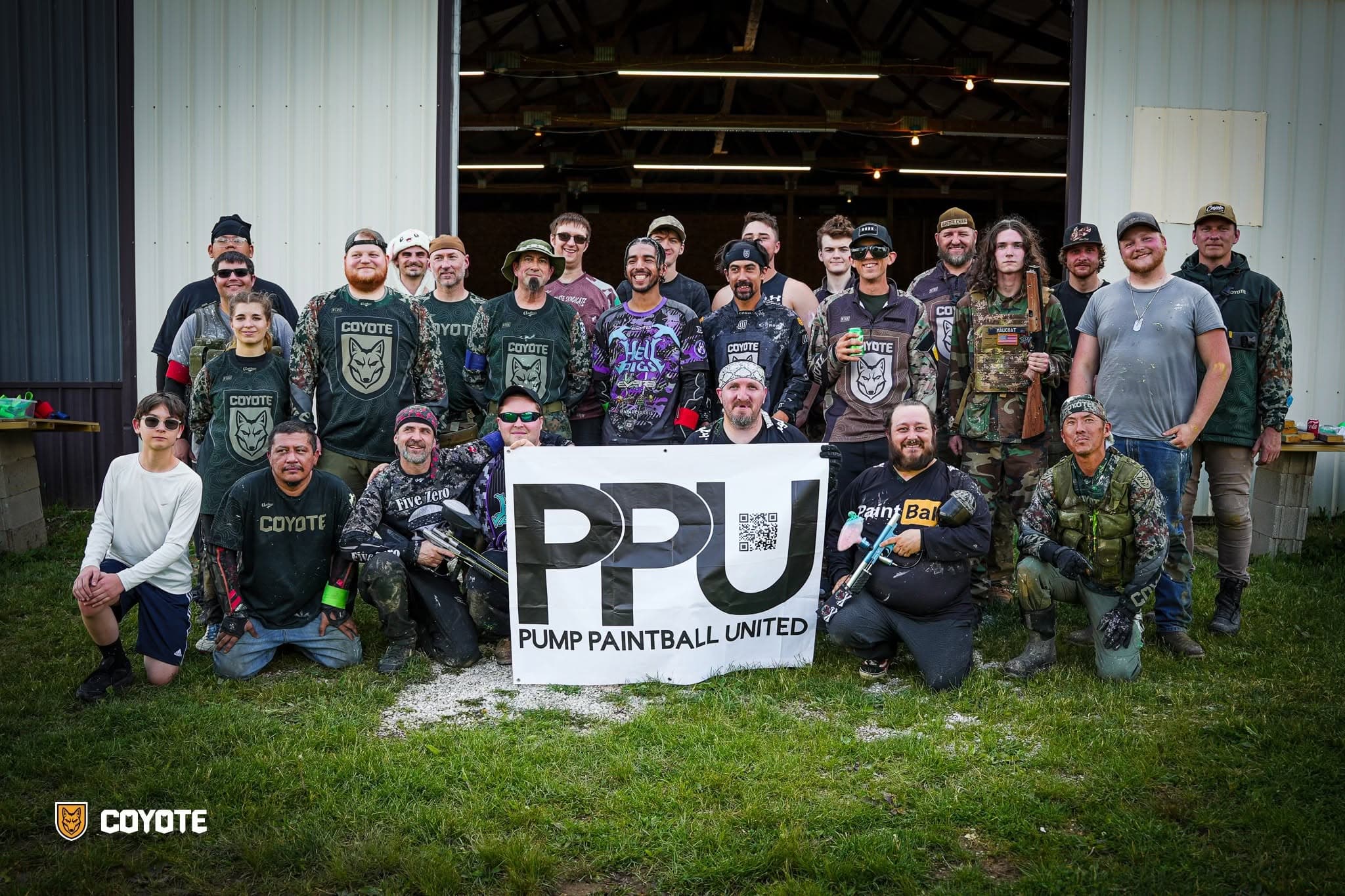 Pump Paintball United group holding a PPU banner at Coyote Field