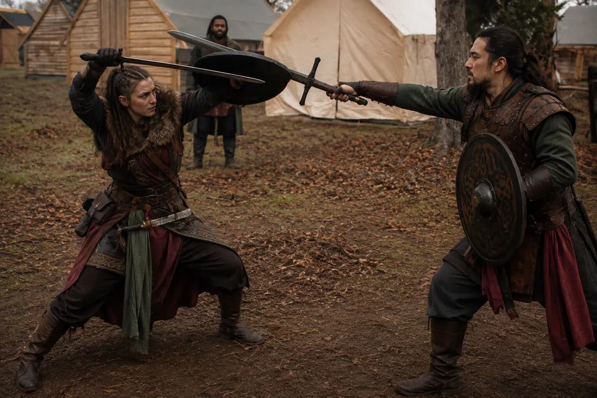 Two players sparring with foam sword and shield