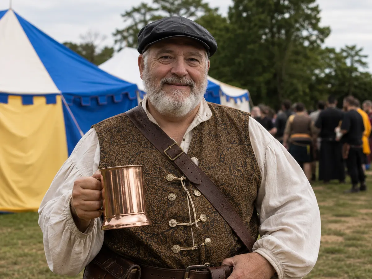Tavern keeper holding a copper mug at a pavilion